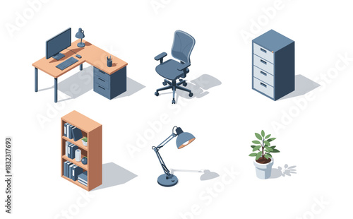 Modern isometric office furniture collection with desk, chair, and decor elements