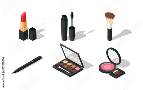 Isometric makeup tools set with lipstick, mascara, and blush