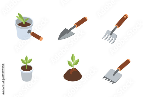 Gardening tools and seedlings set in isometric style for home garden enthusiasts