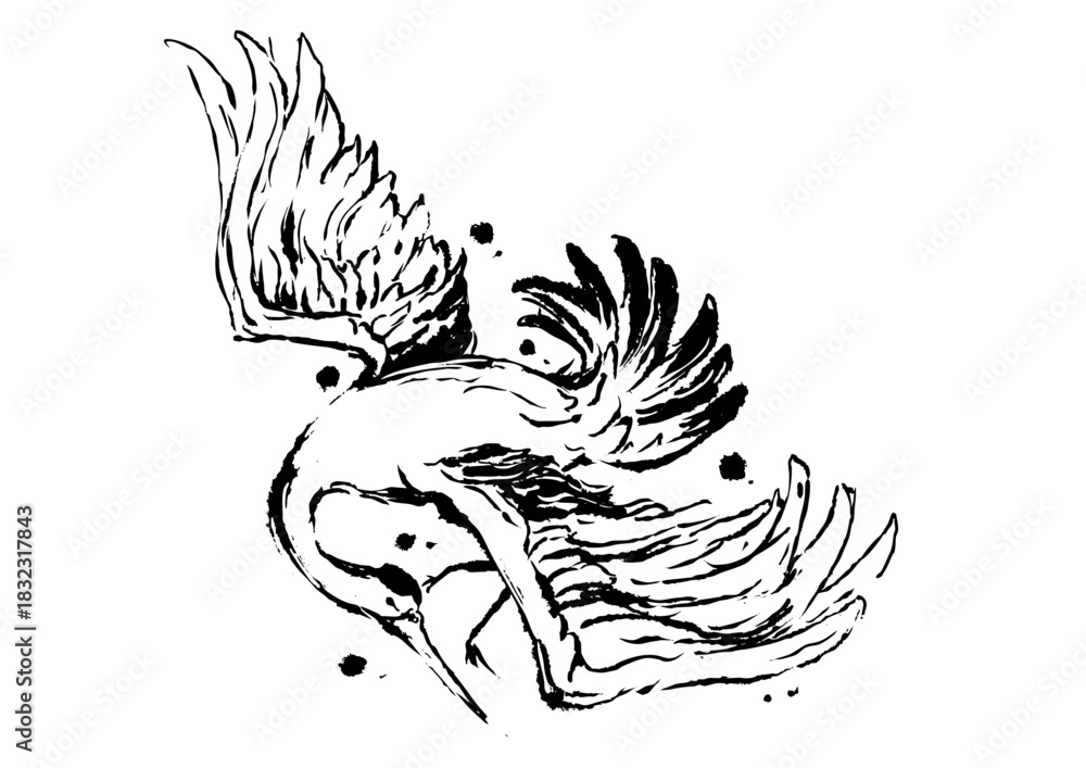 Fototapeta premium Crane Ink Painting – Japanese Sumi-e Art
