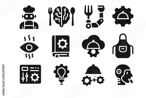 Icon sensor brain utensils robot futuristic icons gear ai planner apron vector