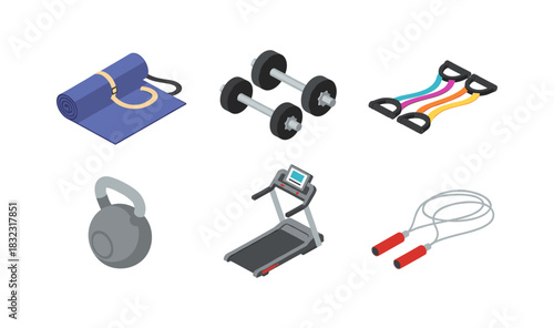 Modern gym equipment icons in isometric design for fitness enthusiasts