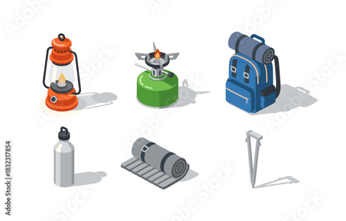 Isometric camping gear: lantern, stove, backpack, water bottle, sleeping bag, tent peg