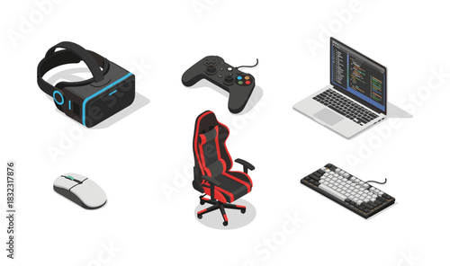 Isometric gaming setup featuring headset, controller, laptop, chair, mouse, and keyboard