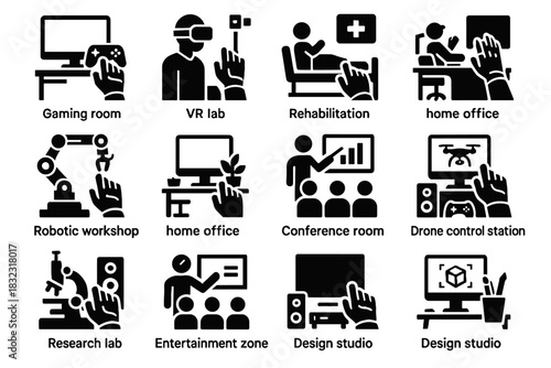 Vr vector lab data studio glove gaming rehabilitation drone icon classroom room