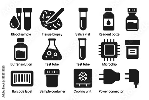 Microchip bioprocessor flask vector icons buffer power input saliva unit reagent icon