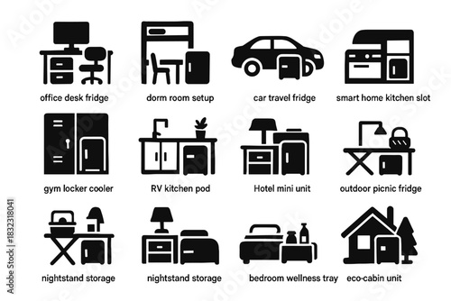 Outdoor fridge nightstand cooler gym lifestyle home unit icon vector setup icons