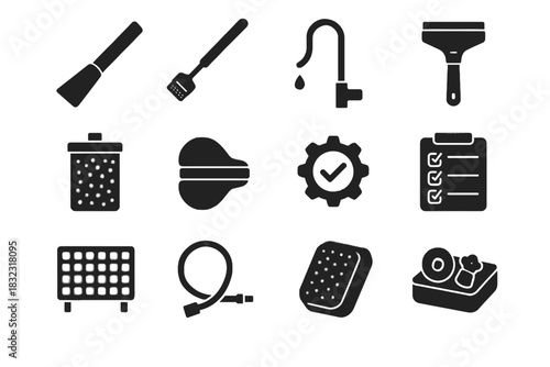 Gravel task maintenance aquarium parts checklist scraper icons vector algae replacement icon