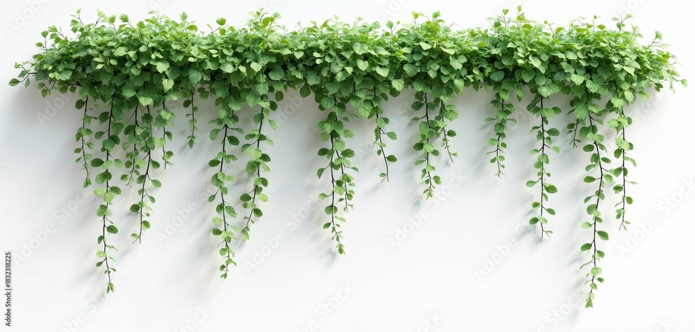 Obraz premium Green creeper plant with long vines and small leaves cascades against a white wall background. Healthy vegetation hangs gracefully creating a natural decorative border. Botanical flora element.