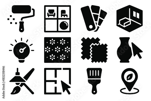 Decorator ai arrangement paint wallpaper roller room vector icon swatch fabric plan