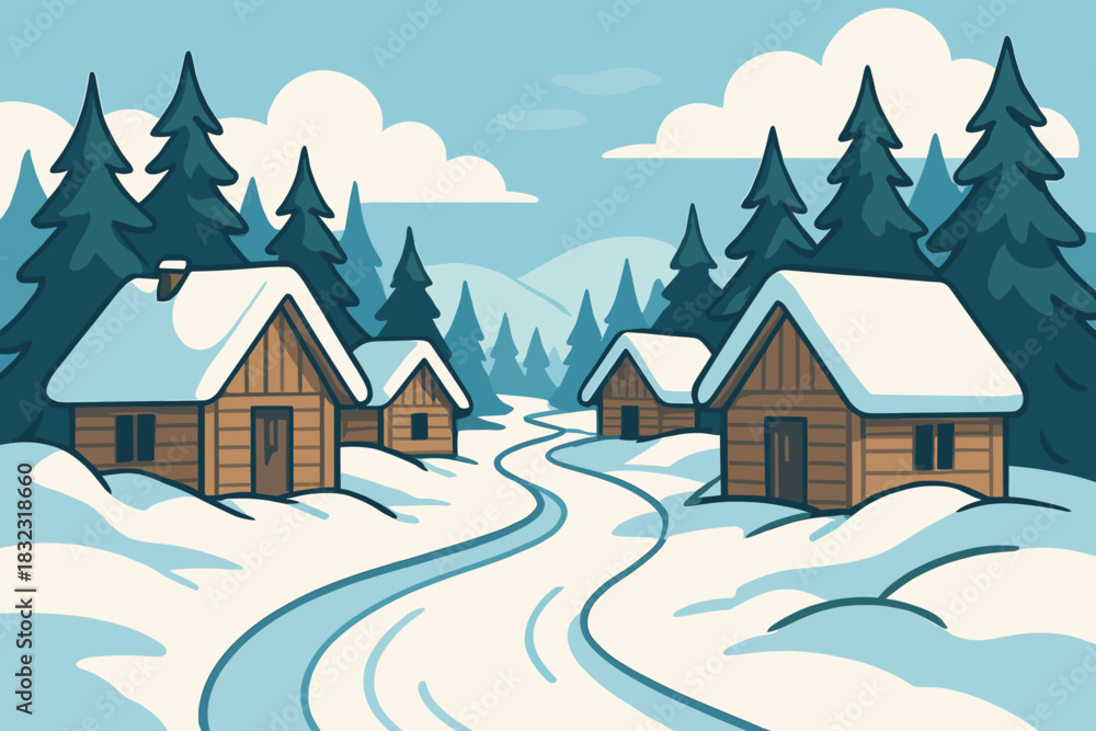 Fototapeta premium Snowy log cabin village in winter forest landscape