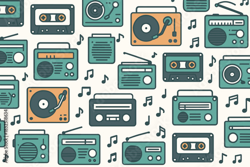 Seamless pattern of retro radios, cassettes, and turntables