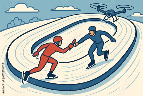 Speed skaters relay race with drone camera overhead