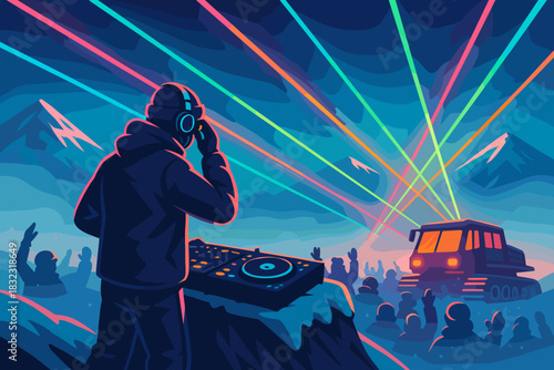 Winter DJ party with laser lights in snowy mountain setting