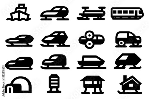 Set of black winter vehicle and shelter icons on dark background