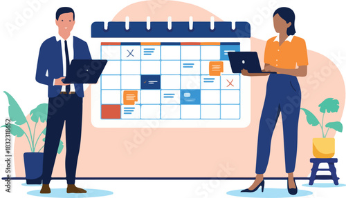 A businessman and a businesswoman with a large calendar, representing time management, business scheduling, deadlines, and project planning in a flat design vector illustration.