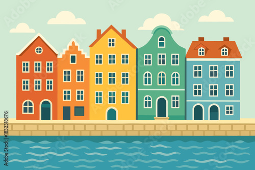 Colorful waterfront buildings in flat European style