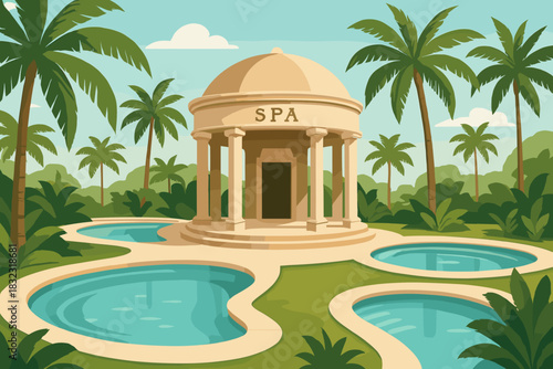 Tropical spa resort with pools and palm trees illustration