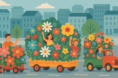 Colorful flower parade illustration with people on decorated floats