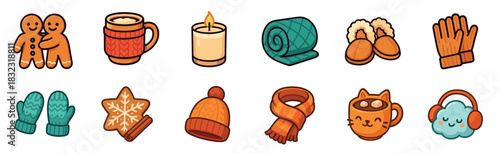 Collection of cute winter hygge icons featuring gingerbread men, a warm mug, a candle, a blanket, slippers, and knitted accessories for a cozy holiday season illustration