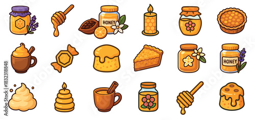 Large collection of honey themed icons featuring jars, dippers, cakes, pies, candy, and beeswax candles in a cute and colorful cartoon illustration style for food and beverage concepts