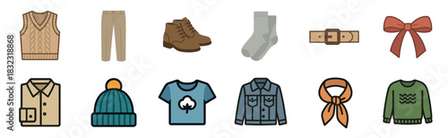 Colorful set of clothing and accessory icons featuring a cozy seasonal wardrobe with a sweater, jacket, shirt, boots, and beanie in a flat vector illustration style