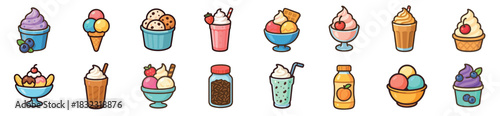 Large set of cute cartoon dessert icons including ice cream, milkshakes, sundaes, and frozen yogurt in a colorful, kawaii illustration style for a sweet food concept