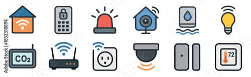 Smart home technology icon set featuring security cameras, alarm systems, thermostats, sensors, and other automation devices in a modern and colorful filled outline style