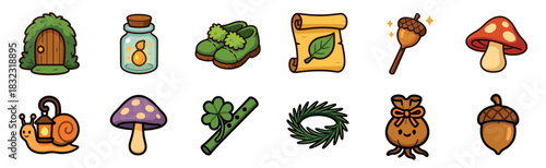 Charming collection of cute fairytale icons including a magical door, potion bottle, elf shoes, scroll, mushrooms, and a snail, all in a whimsical cartoon style