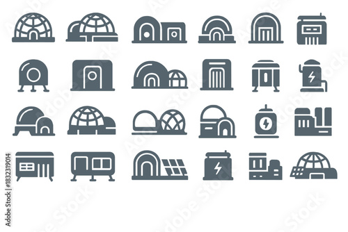Set of futuristic igloo and Arctic habitat icons in line style