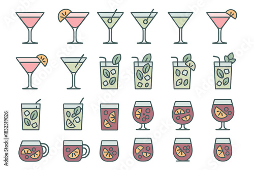 Set of colorful cocktail icons in flat outline style