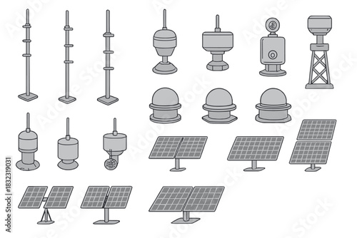 Set of weather station and solar panel icons on metallic background