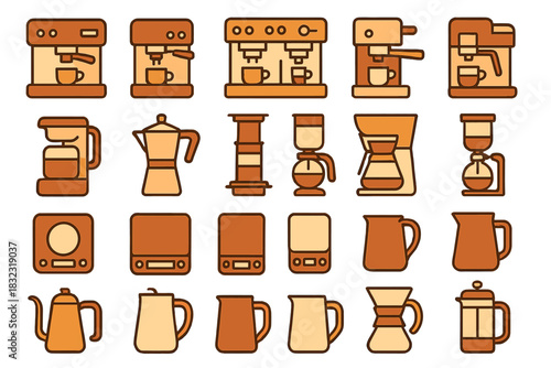 Set of coffee makers and brewing tools icons in warm tones