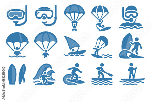 Set of water sports and adventure icons with snorkel and surf