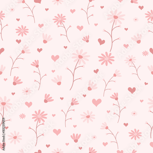 Soft romantic seamless pattern featuring delicate pink flowers, branches and tiny hearts.Minimal and elegant floral background ideal for valentine day,wedding stationery,wrapping paper,textile prints.