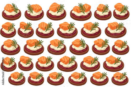 Seamless pattern of salmon canapés with cream and herbs