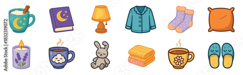 Set of cozy bedtime routine icons featuring a book, pajamas, slippers, candle, and hot drink for a relaxing night's sleep, presented in a cute cartoon illustration style