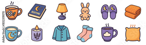 Cute collection of bedtime routine icons featuring a book, pajamas, slippers, candle, stuffed toy, and hot drink for a relaxing and cozy night of sleep