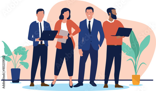 A diverse and smiling business team of people stands together with laptops, ready to collaborate on a new project in a flat design vector illustration