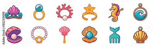 Cute collection of mermaid treasure icons including a seashell tiara, pearl necklace, coral ring, and seahorse pin in a colorful, playful cartoon vector illustration style