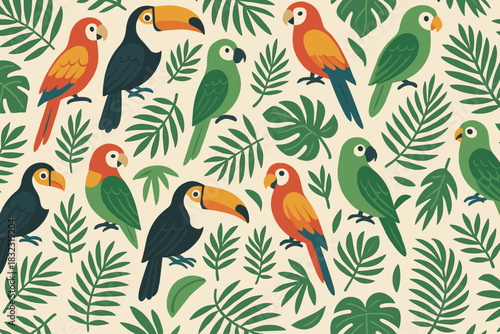 Seamless tropical pattern with parrots, toucans, and leaves