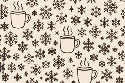 Seamless winter pattern with snowflakes and hot coffee mugs