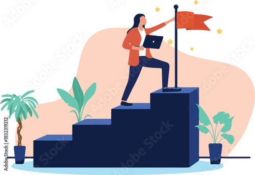 A determined business woman with a laptop reaches the top of a set of stairs and plants a flag, symbolising success and career achievement in a flat design vector illustration