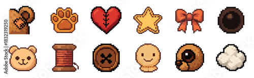 Set of pixel art icons for crafting and sewing, featuring a teddy bear, stitched heart, button, thread, paw print, and other cute elements for a retro video game interface