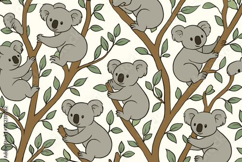 Seamless pattern with cartoon koalas on eucalyptus branches