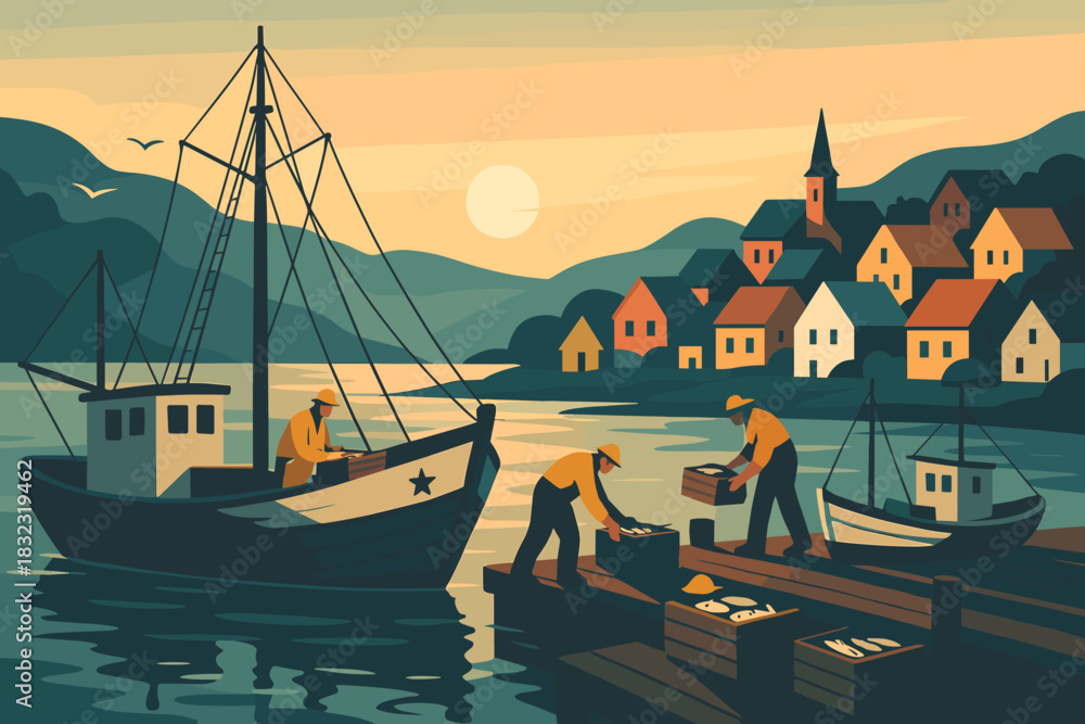 custom made wallpaper toronto digitalFishermen unloading catch at coastal village during sunset