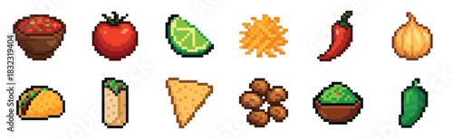 Set of pixel art Mexican food icons featuring a taco, burrito, salsa, guacamole, and ingredients in a retro 8-bit video game style illustration