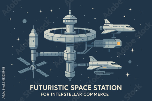 Futuristic space station with docked spacecraft in deep space
