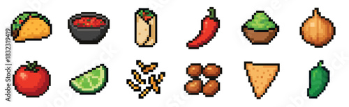 Pixel art food icon set of taco, burrito, salsa, guacamole, and ingredients like chili and tomato in a retro 8-bit video game style for a menu or graphic design