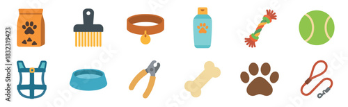 Set of dog care accessories and pet supplies including food, a collar, leash, toys, and grooming tools, presented as a colorful flat design icon collection for veterinary or pet shop themes